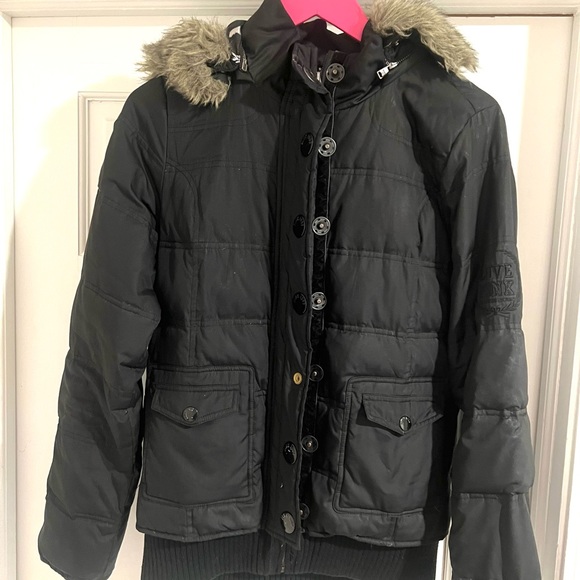 Pink Victoria Secret Puffer Jacket Down Filled Black Hood Removable Faux Fur - Picture 2 of 5